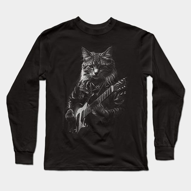 Cute Cat Rock Star Guitar Player Long Sleeve T-Shirt by Kali Space